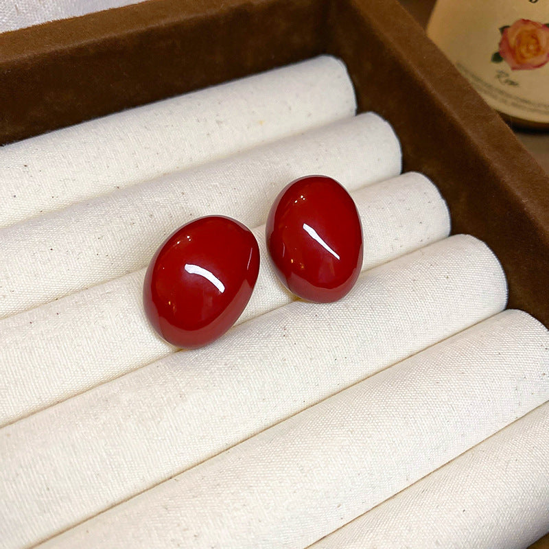 紅色銀針圓形復古耳釘