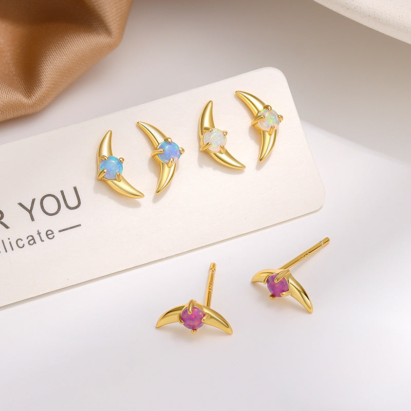 S925 澳寶月亮耳釘2025新款時尚簡約輕奢高級感養耳洞歐泊耳飾