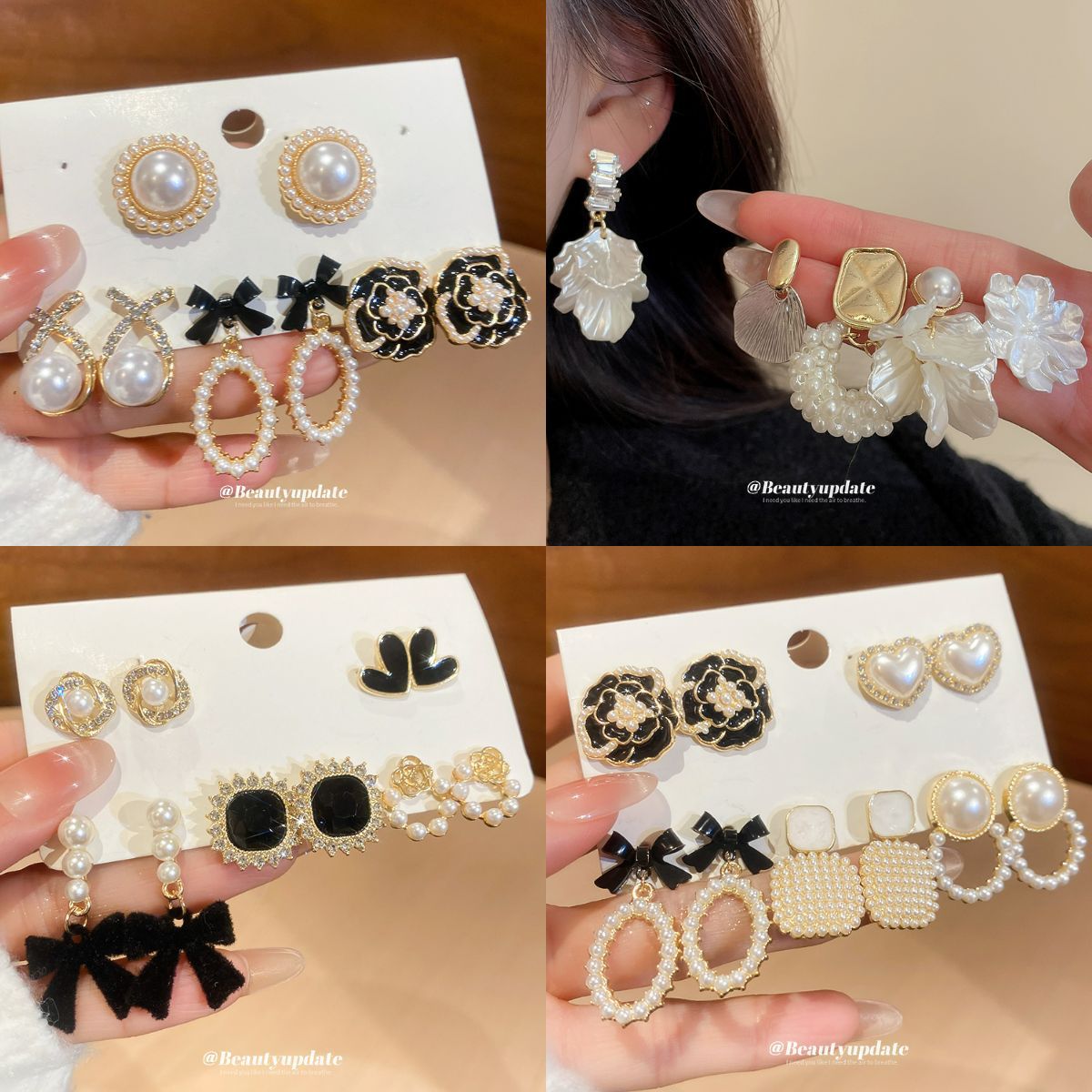 銀針滴油鑲鉆花朵珍珠耳釘套裝法式復古氣質耳環輕奢高級感耳飾女