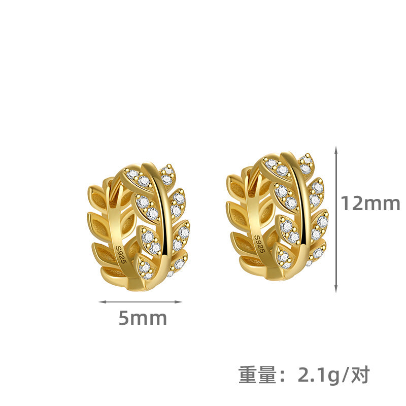 S925 鑲鋯石麥穗耳扣女時尚歐美外貿百搭樹葉養耳洞耳環