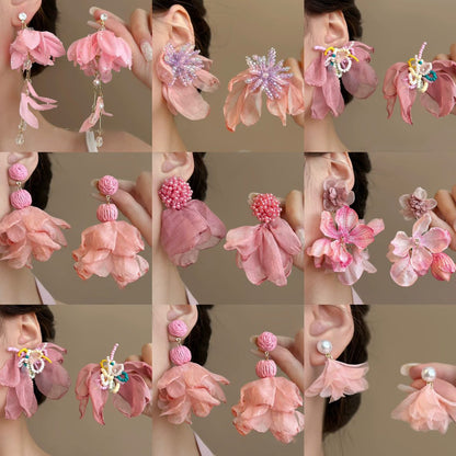 銀針粉色雪紡花朵流蘇耳釘小清新甜美度假風耳環輕奢高級感耳飾女
