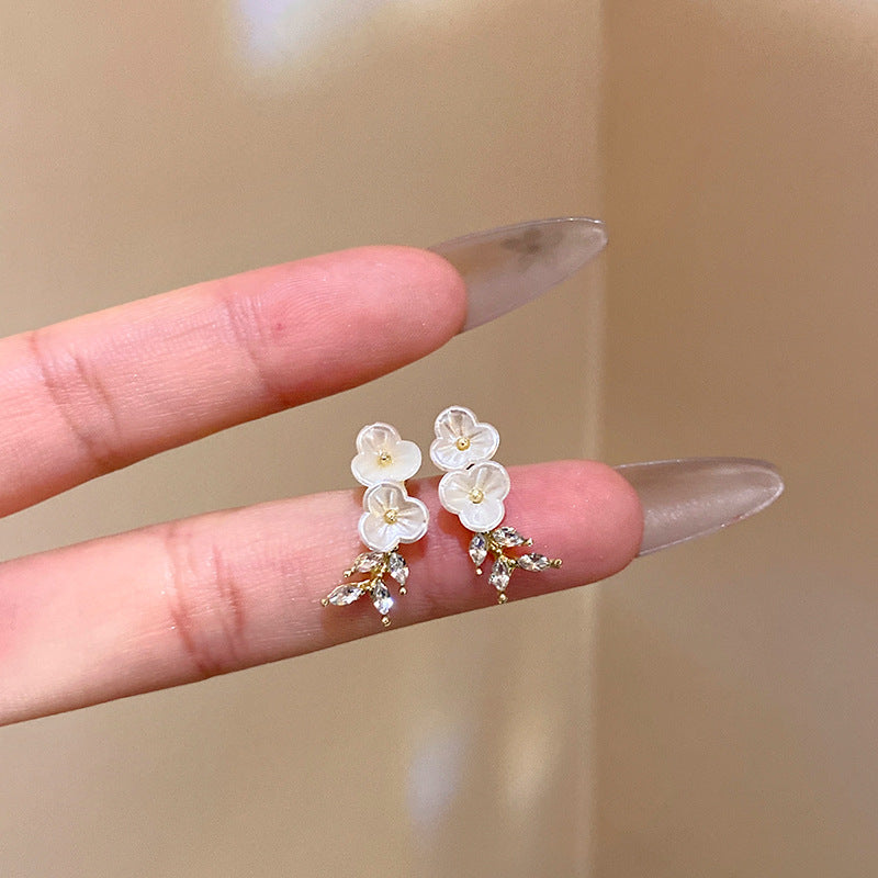 精致法式優雅閃鑽花朵耳釘