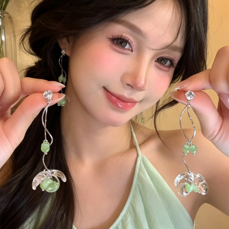 春野尋風·超仙綠色花朵流蘇耳環女氣質甜美耳釘時尚百搭耳墜耳飾
