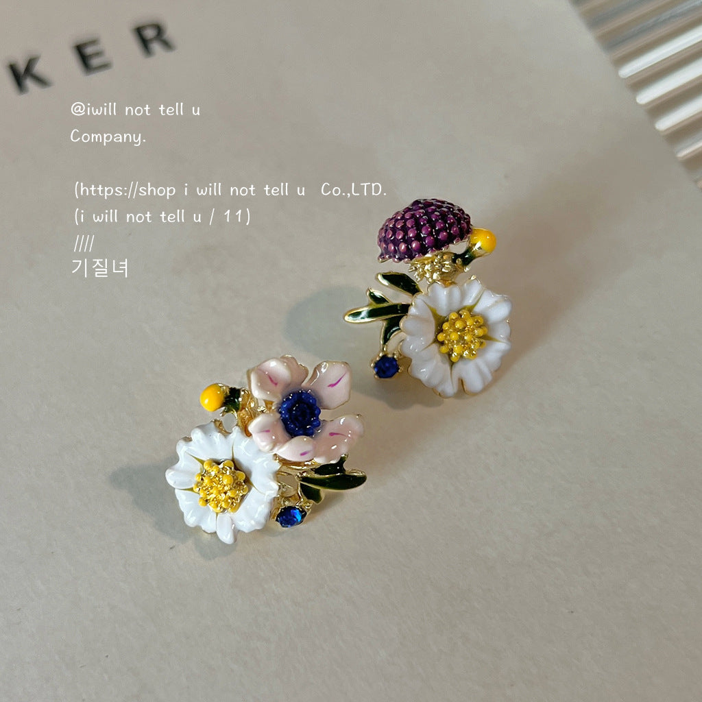 琺瑯花朵不對稱耳環