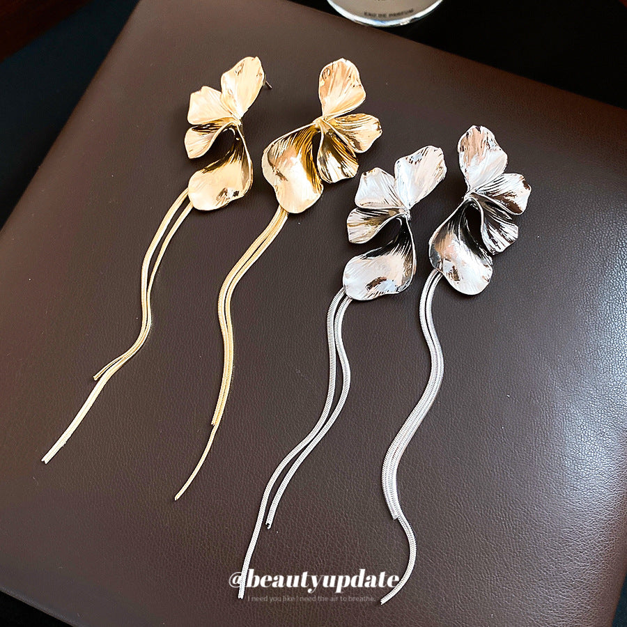 歐美銀針花瓣長款流蘇金屬耳釘冷淡風時尚耳環精致設計感小眾耳飾