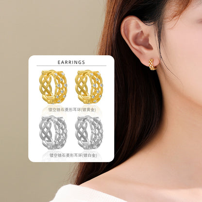 S925 微鑲鋯石鏤空蕾絲設計耳環耳扣女小眾氣質高級感耳圈耳飾