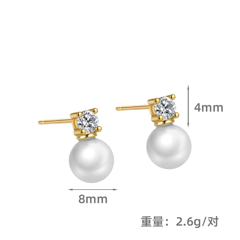 S925 王妃四爪鑲鑽項鏈耳釘套裝女時尚簡約合成珍珠高級感耳飾