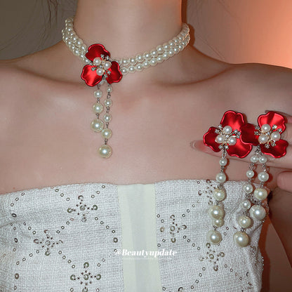 珍珠花朵項鍊耳環組－商品主圖｜https://igowo.tw/