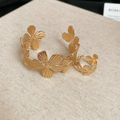 金屬紋路花朵開口手鐲戒指套裝歐美復古百搭手環輕奢高級感手飾女